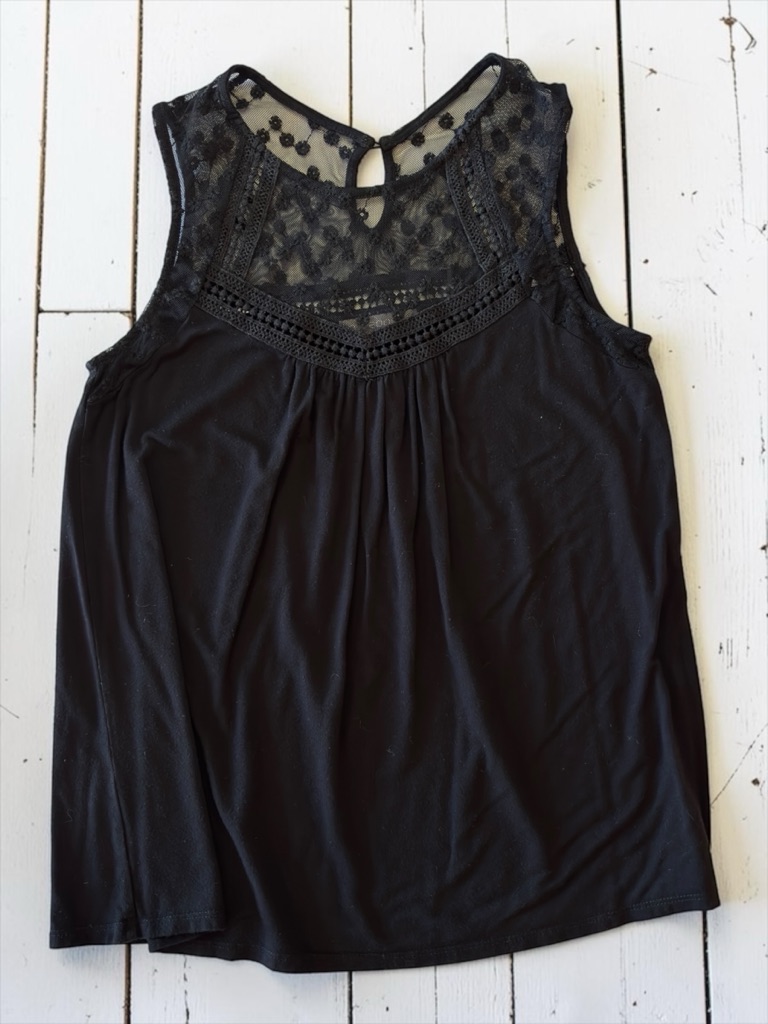 Loveappella Black Lace Yoke Tank Top Boho Sleeveless Blouse Camisole Xs